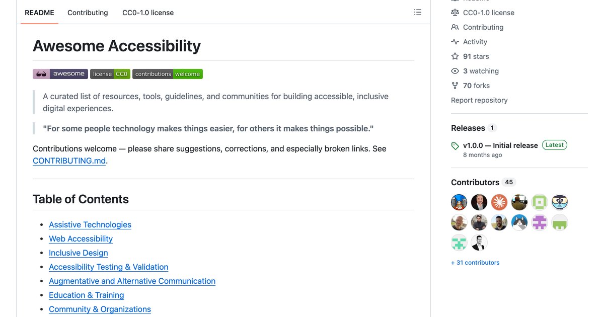 Awesome Accessibility’s README on GitHub, with its badges, motto and table of contents.