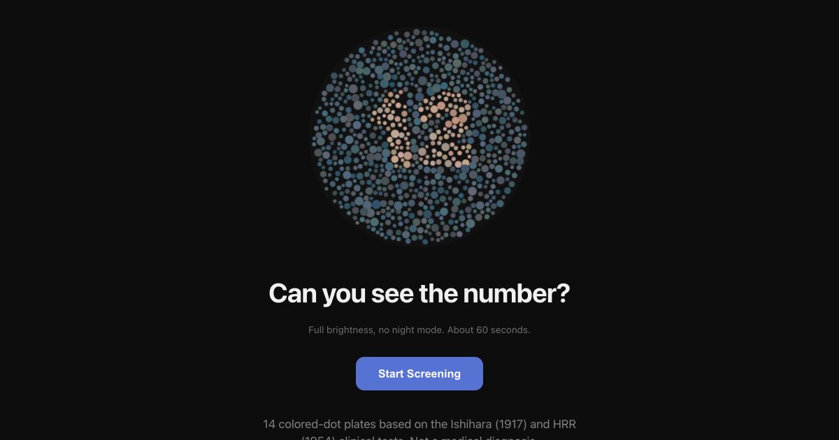 A complete colored-dot number plate above the Color Vision Test start button.