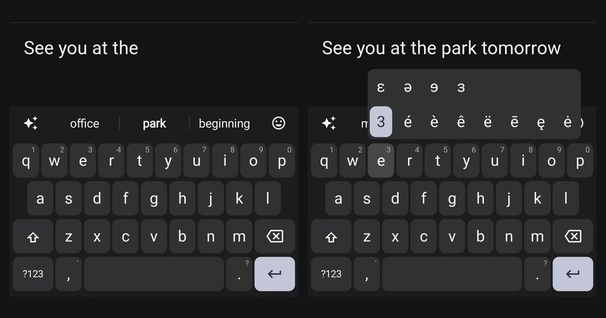 LocalType’s keyboard twice: office, park and beginning offered after “See you at the”, and accents and IPA symbols on a held e.