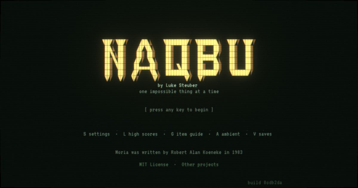 Naqbu’s gold lettering on its dark welcome screen, ready to begin.