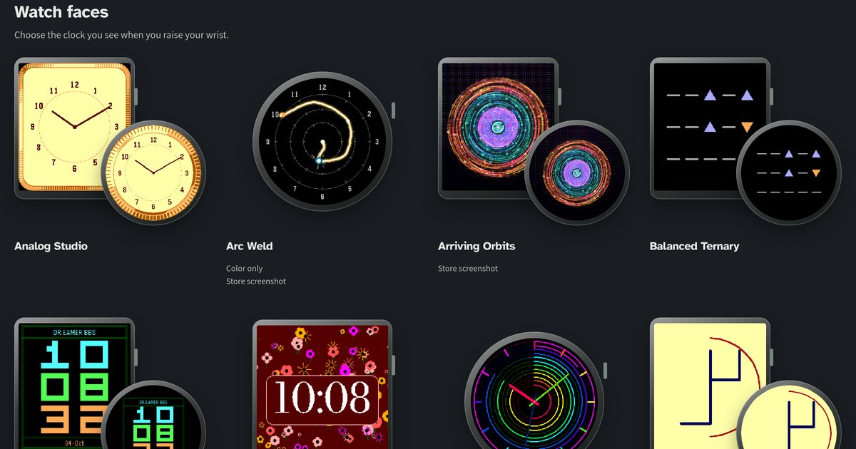 Pebble watch faces in a grid: Analog Studio, Arc Weld, Arriving Orbits and Balanced Ternary.